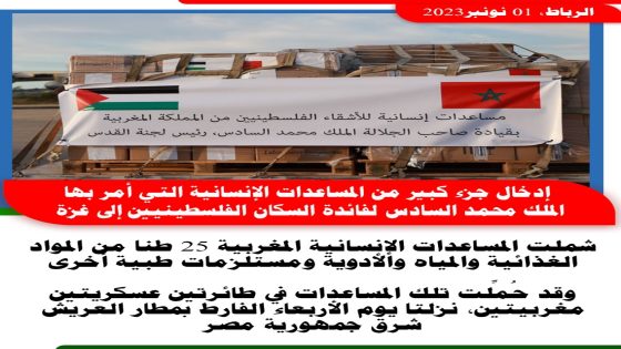 إدخال جزء كبير من المساعدات الإنسانية التي أمر بها الملك محمد السادس لفائدة السكان الفلسطينيين إلى غزة