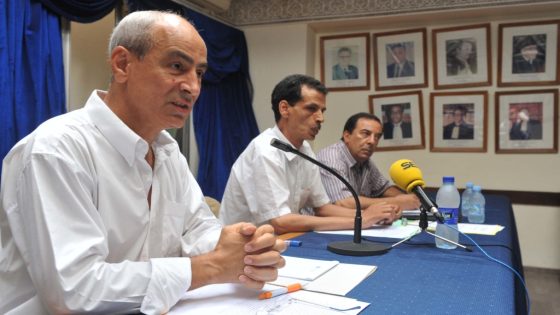 Members of the Parliamentary Monarchy Now in Morocco coalition, from left, Fouad abdelmoumni, Ali Ben Dine and Abdelamin Rayi give a press conference on June 28, 2011 in Rabat. The coalition said it was rejecting constitutional reforms proposed by King Mohammed VI earlier this month to curb his power, saying it was not in line with principles and standards of a parliamentary monarchy. AFP PHOTO / ABDELHAK SENNA (Photo by ABDELHAK SENNA / AFP)